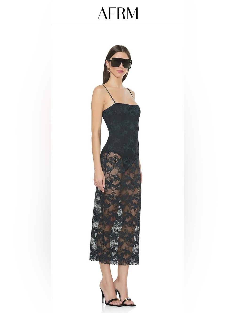 NWT AFRM Black Lace Maxi Slip Dress with Sheer Floral Panels Sz.XL